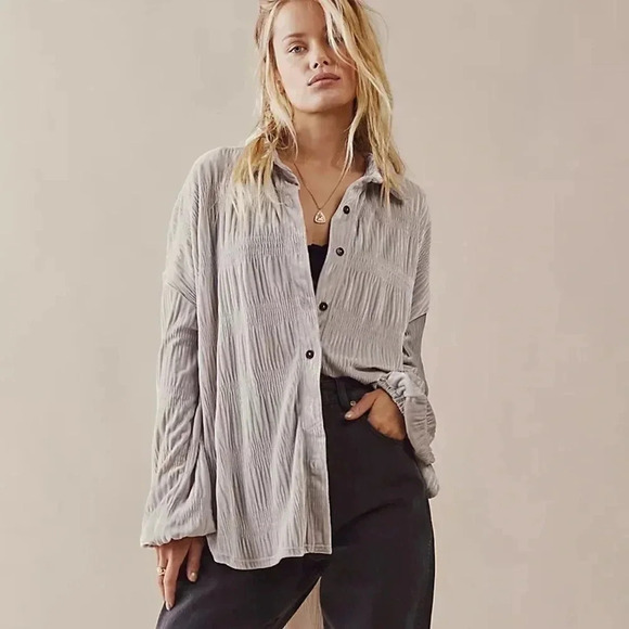 Free People Tops - New Free People Velvet Long-Sleeve Button-down Top Chrome Grey Medium